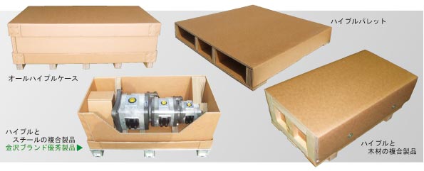 オールハイプルケース、ハイプルパレット、ハイプルとスチールの複合製品(金沢ブランド優秀製品)、ハイプルと木材の複合製品